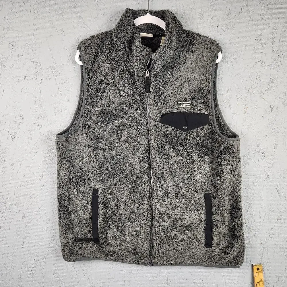 LL Bean Vest Mens Large Gray Fleece Sherpa Full Zip Outdoor Pockets Hiking Logo